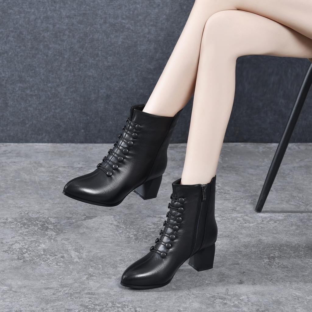 Chunky Wool Boots Women Fashion PU Leather Pointed Toe Ankle Black Boots Ladies Dress Office Shoes Woman Pumps Footwear