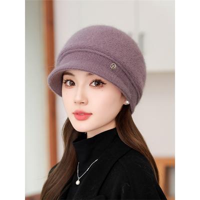 Knitted Hat for Women Autumn  Winter Western Style Warm Rabbit Hair Hat Short Edge Knitted Duck Tongue Hat Middle Aged  Elderly Mother's Hat