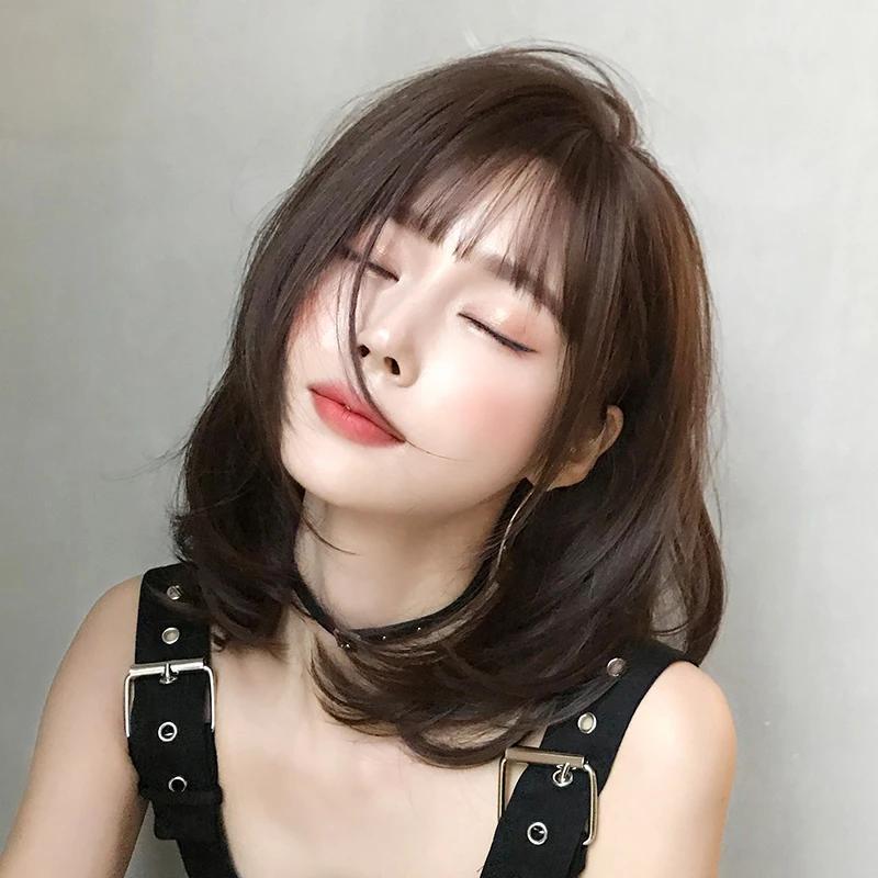 7jhh Wigs Short Straight Chocolate Bob Wig For Women Daily High Density Synthetic Layered Brown Hair Wigs With Neat Bangs