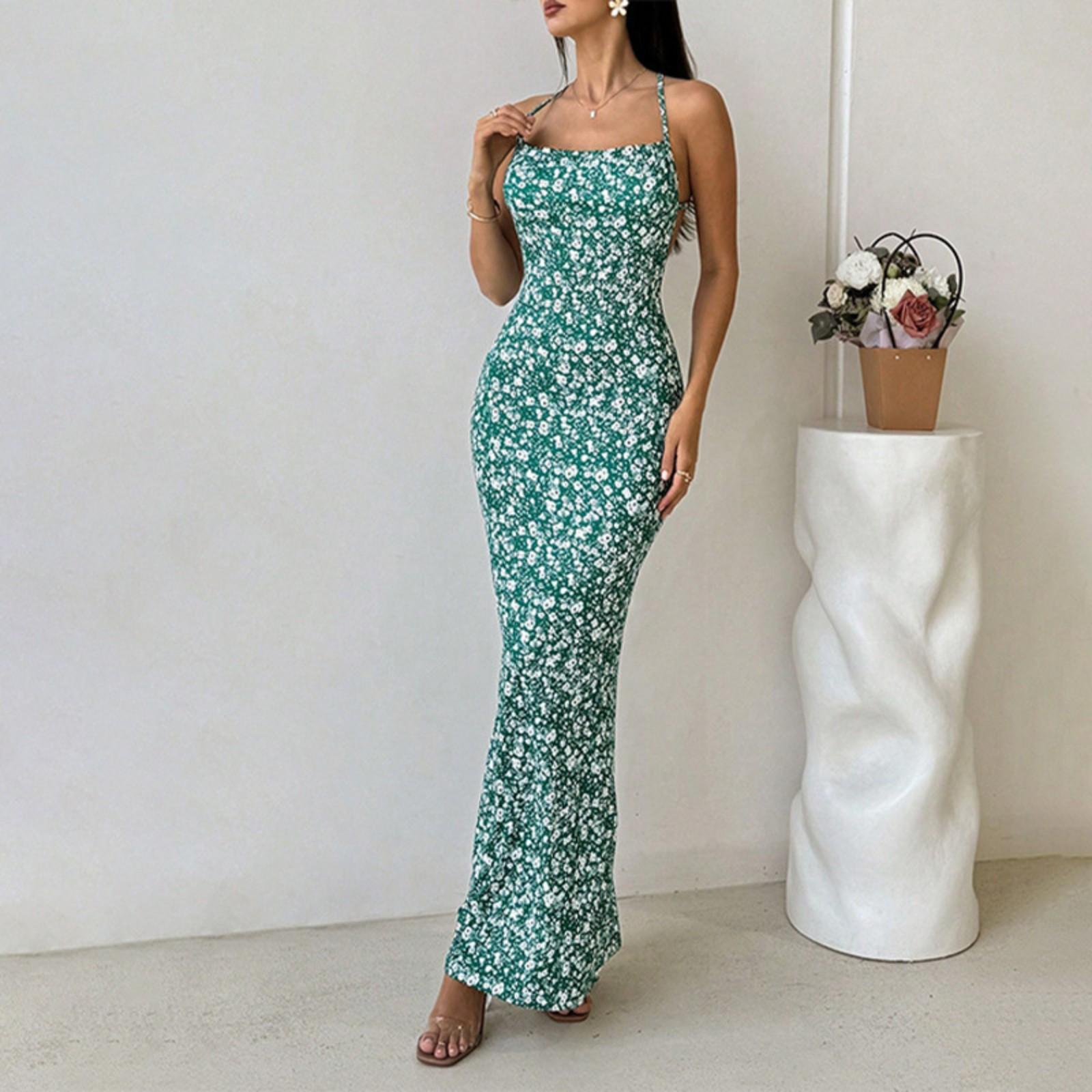 

Женское летнее макси-платье без спинки на бретелях, сексуальное платье с высокой талией L зелёный
