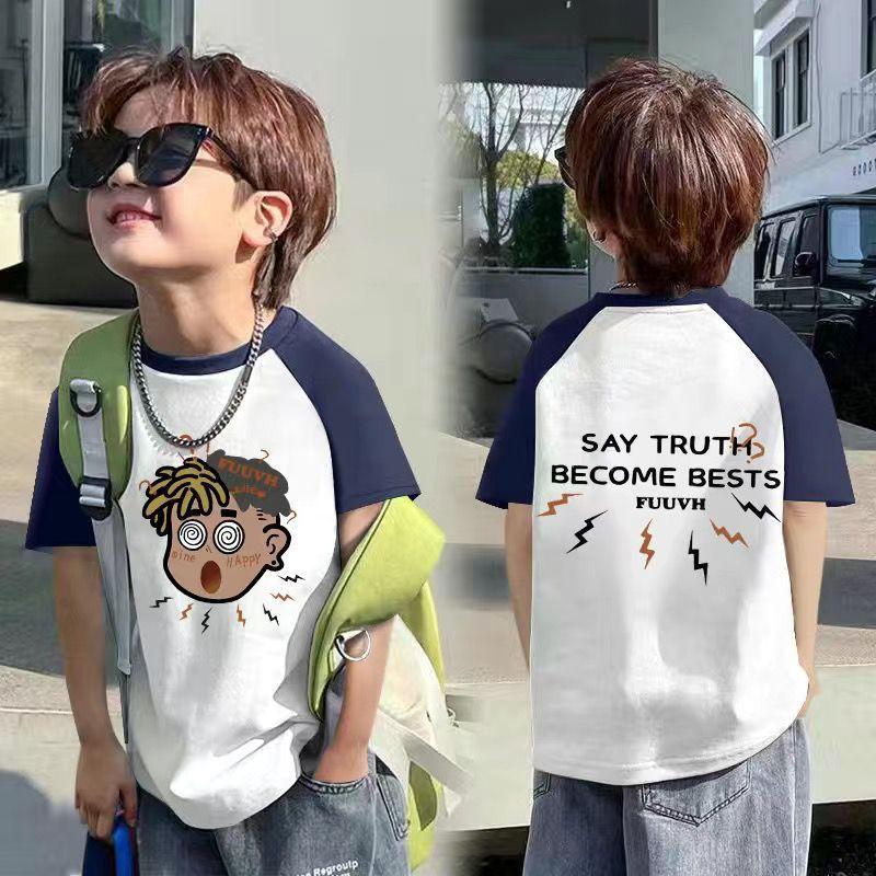 

Новая хлопковая летняя трендовая футболка для мальчиков, модный детский красивый топ с коротким рукавом, модный круглый вырез 110 recommended weight 30-37