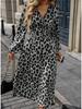 Leopard Print V-Neck Long Sleeve Dress - European & American Style, High Waist, Women's Elegant Commute Wear