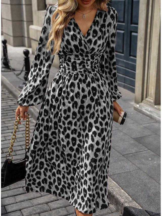 Leopard Print V-Neck Long Sleeve Dress - European & American Style, High Waist, Women's Elegant Commute Wear