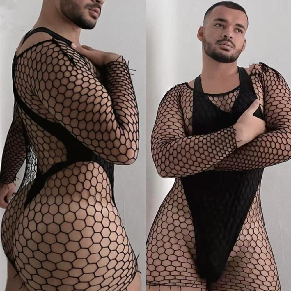Men'S Sexy Mesh Lingerie One-Piece Bodycon Dress Crotchless Erotic Nightwear Cool Male Sexy Underwear For Boyfriend