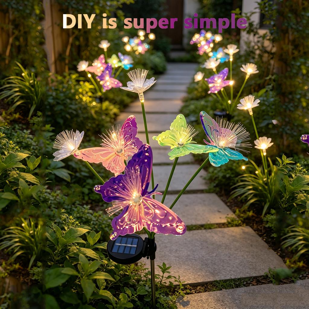 2PCs Colorful Multi-Head Solar Butterfly Stake Lights 2 Modes Waterproof Outdoor Garden Pathway Landscape Decor Lamp