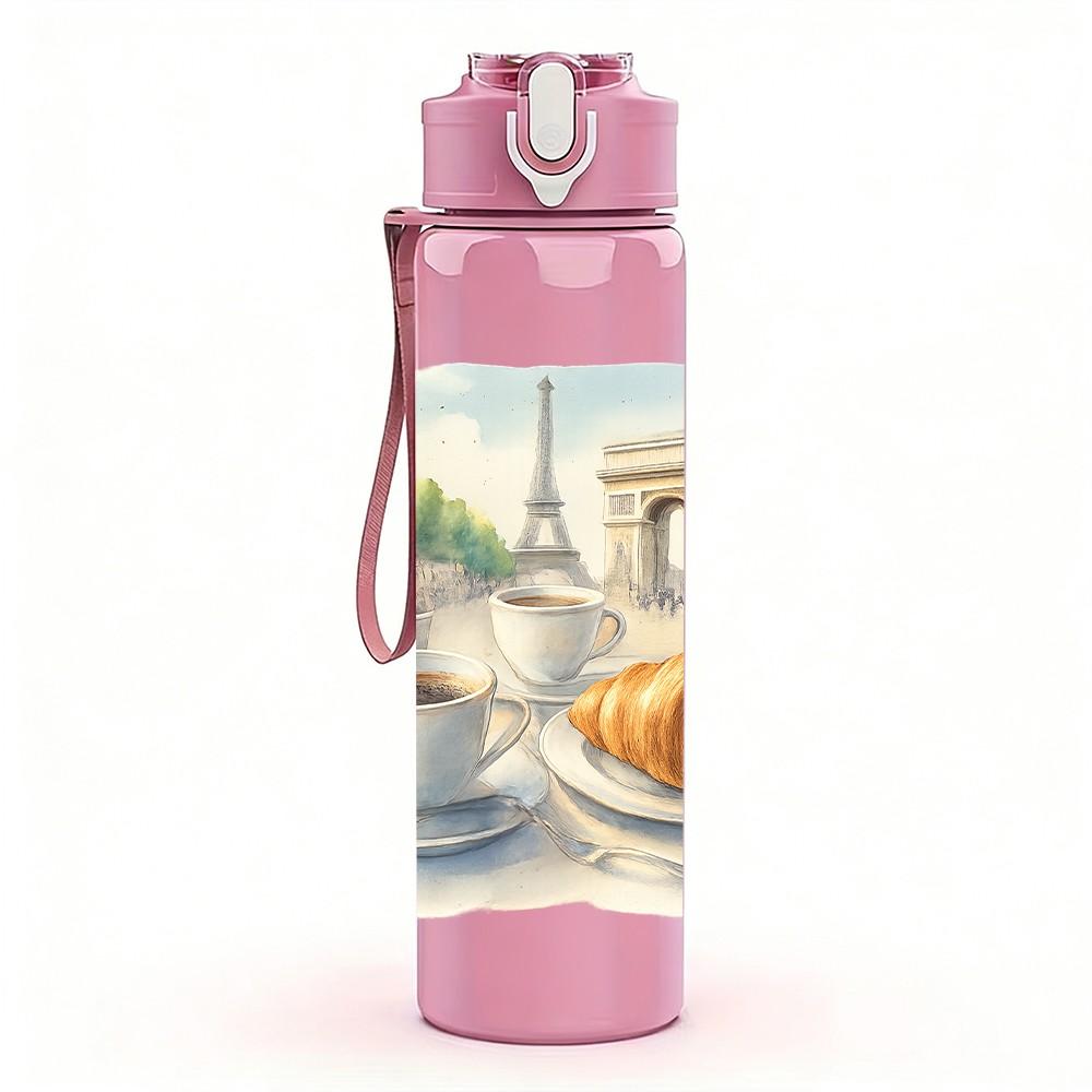 1PC Eiffel Tower Coffee Croissant 750ml Color Plastic Sports Water Bottle Leakproof Flip Straw Lid Suitable for Sports Office Home Use