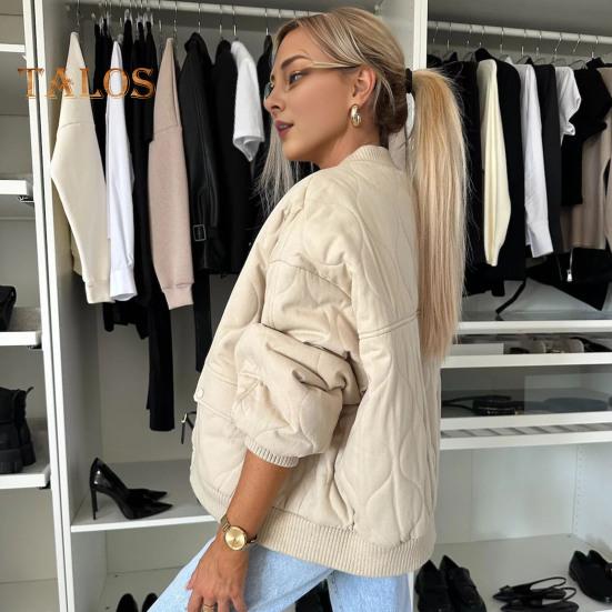 Women Fall Winter Coat Press Button Closure Long Sleeves with Pockets Loose Round Neck Daily Jacket Solid Color Outerwear for School Travel