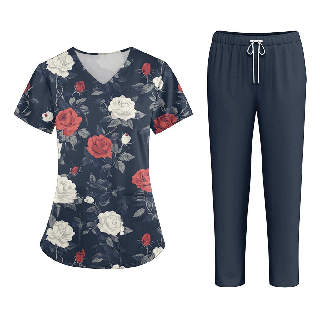 Plus SizePrinted Scrub Working Uniform Tops For Women's Cross V-Neck Halloween Print Short Sleeve Fun T-Shirts Workwear Tee With Pockets