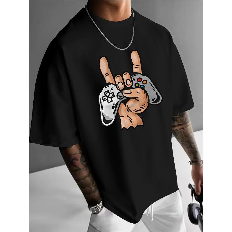 Men'S Summer Rock Hip Hop Game Controller Graphic T-Shirt - Casual Black Short Sleeve Tee with White Straps,Regular Fit for Gaming Enthusiasts