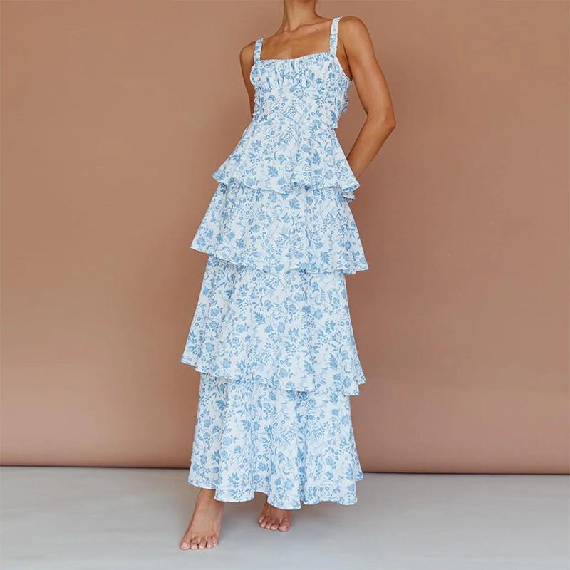 2026 Womens Floral Print Sleeveless High-Waist Tiered Midi Dress Vacation Casual Elegant Outfit