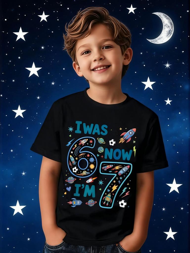Europäische Größen 7 Jahre Alt Geburtstag T-Shirt Lustiges Zahlen Design Unisex Lässiges Oberteil für Jungen Geeignet für Alle Jahreszeiten Rundhalsausschnitt Normale Passform