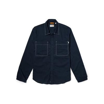 Solid Color Chest Pocket Contrast Stitch Loose Casual Long Sleeve Shirt Men Shirts Deep-Sapphire A2J4D-433