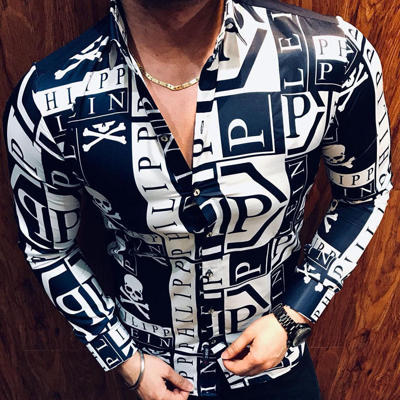 Herren Trendiges Modisches Langarmhemd mit Bedrucktem Slim-Fit-Hemd