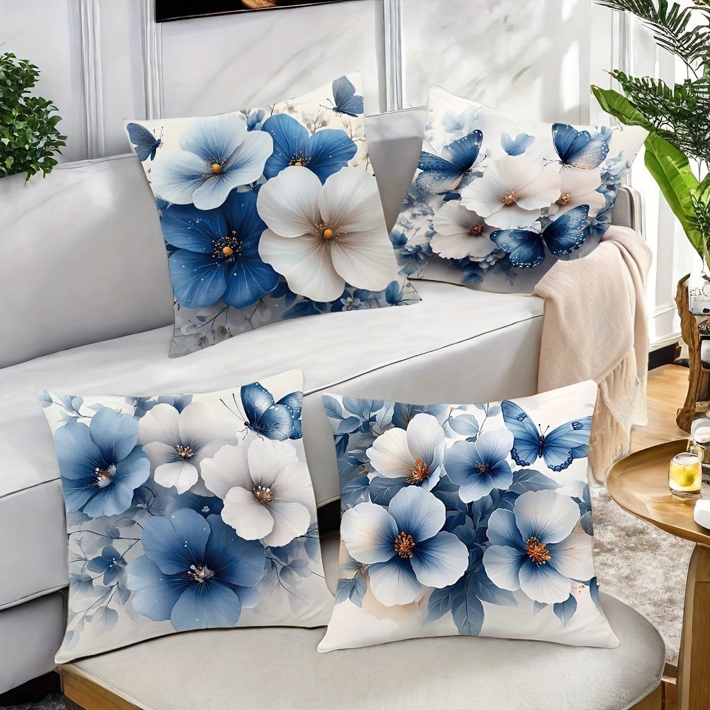 Blue and White Floral Pillowcases with Butterflies Cover Bedroom Sofa Decoration Polyester Cushion Cover with Zipper