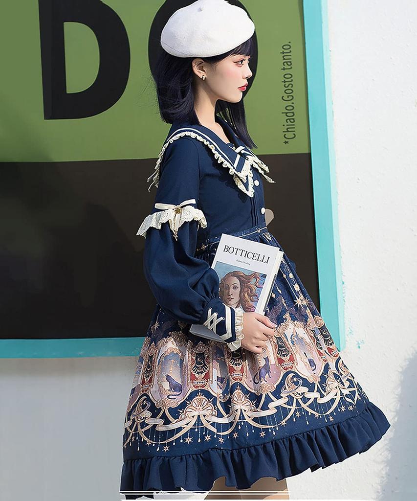 Milky Time Classic Lolita Dress, Long Sleeves, Cat Design, Sailor Collar, Navy, Cosplay Costume, Women's, Medium (Navy, M)