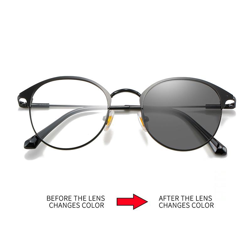 Ochelari cu Rame Rotunde în Stil Simplu, Rame Metalice cu Rame Complete, Rame Tip Sprâncene, Ochelari Simpli cu Schimbare de Culoare, Ochelari Anti-Lumină Albastră pentru Femei