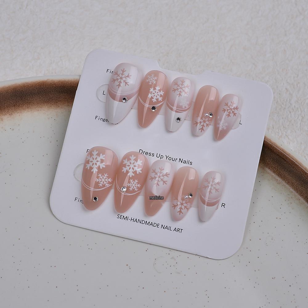 Winter Sparkle Diamond Snowflake Nail Art - 24 Almond-Shaped French Wearable Nails