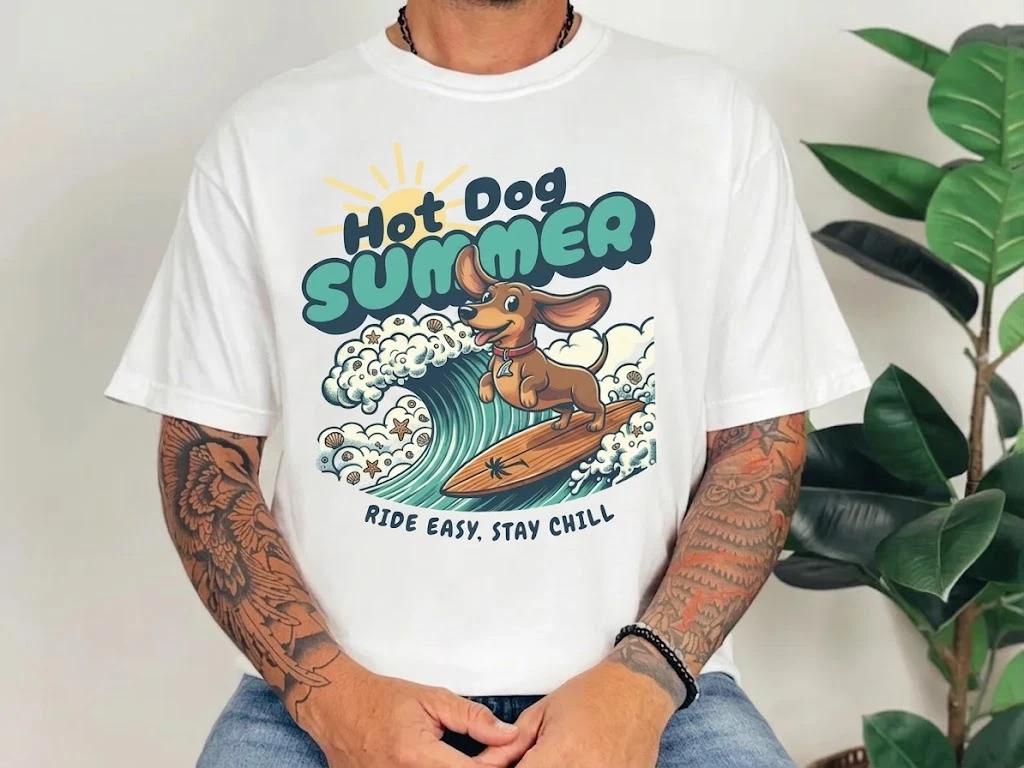 Funny Dachshund Surfing Dog Beach Dog Lover White T Shirt, Gift For Friends S