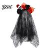 Halloween Costume Headband Pumpkin Skull Floral Headband Stable Hair Hoop with 3D Artificial Photogenic Accessory Flowers And Spiderweb Black