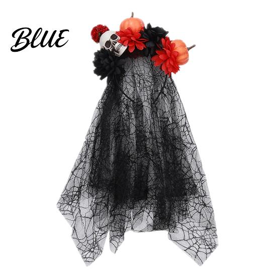 Halloween Costume Headband Pumpkin Skull Floral Headband Stable Hair Hoop with 3D Artificial Photogenic Accessory Flowers And Spiderweb Black