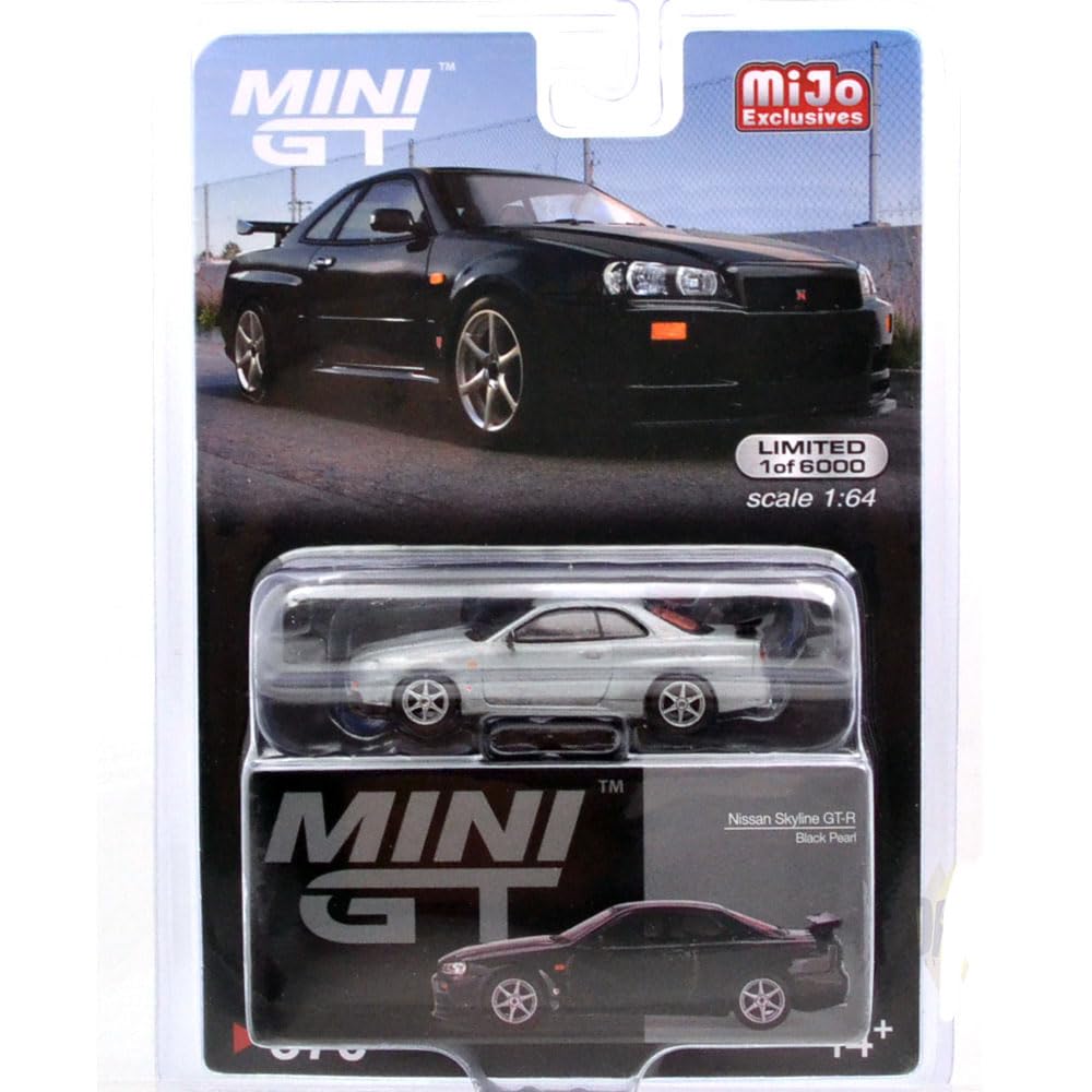 MINI GT 164 Scale MiJo Limited Edition Nissan Skyline GT-R (R34) V-Spec (Black Pearl) Chase Car