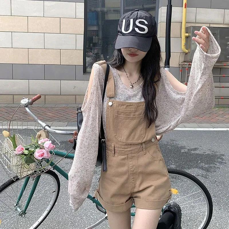 Denim Overalls Latzhosen Damen Vintage Lässig Einfach Streetwear College Sommer Süß All-Match Hohe Taille Stil L black