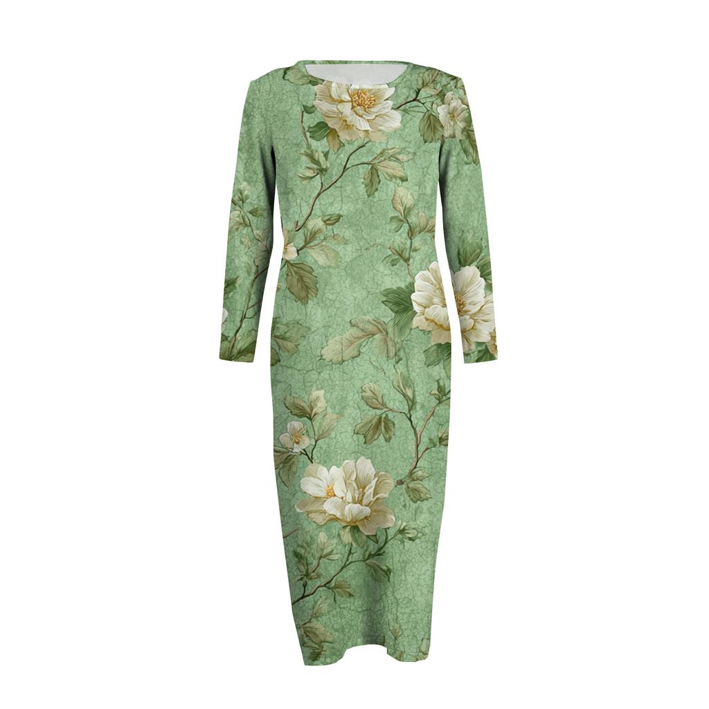 Women's Fashionable Casual Long-Sleeved Round Neck Floral Print Zipper Dress