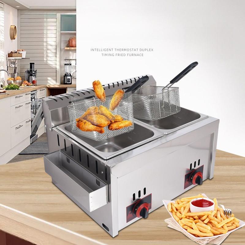 Large Capacity French Fryer Stall Fried Chicken Stove Commercial Gas Frying Machine Double Cylinder Deep Fryer