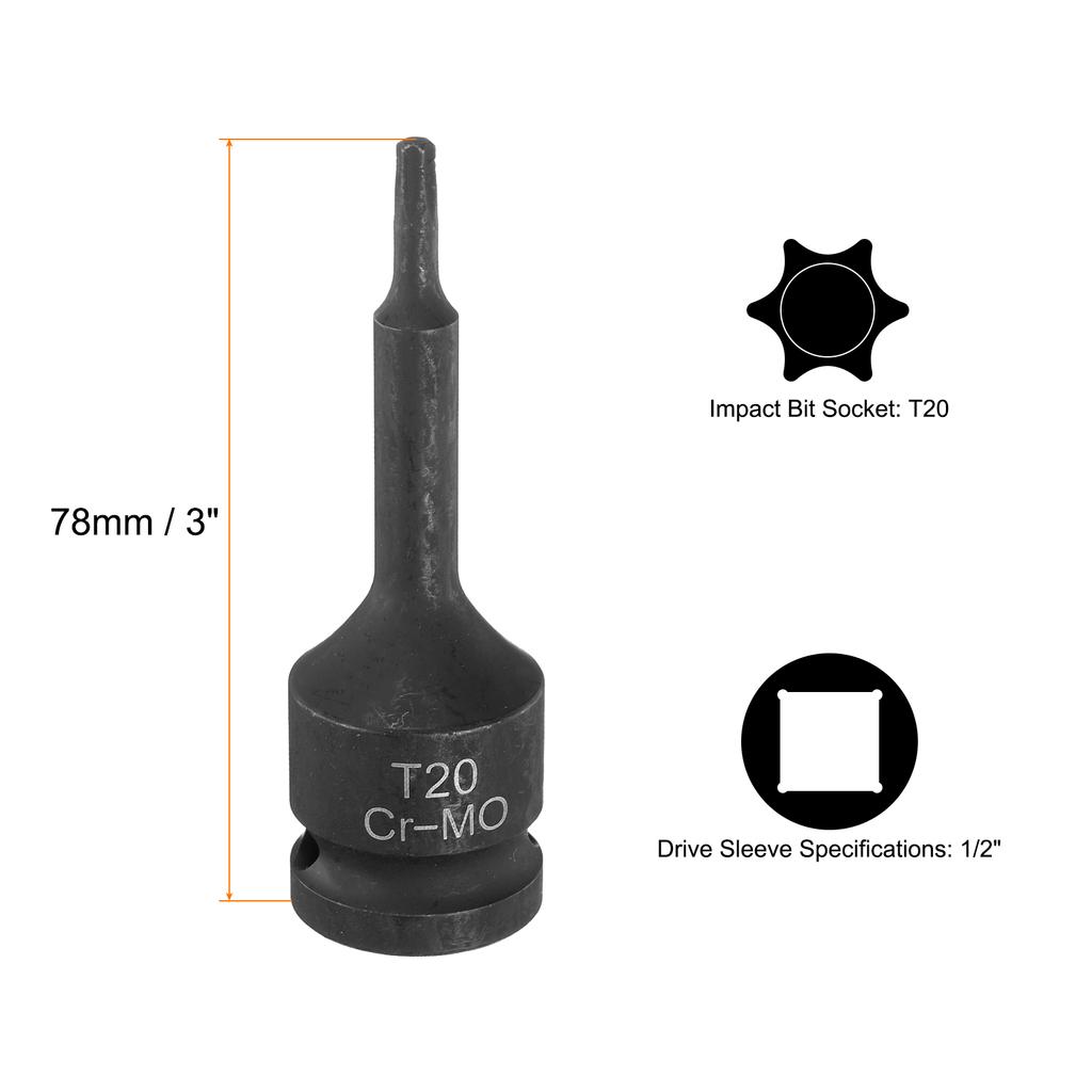 T20-T100 Torx Bit Socket 1/2" Drive 6 Point Torx Star Screwdriver Socket Adapter CR-MO Steel Lengthen Impact Bit Sockets