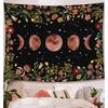 Rexful Moonlit Garden Tapestry, Moon Phase Surrounded by Plants and Flowers Black Wall Hanging Blanket 36×48 inch