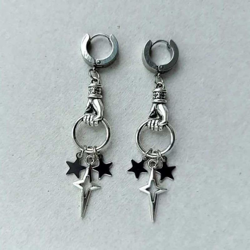 Silver Star Gothic Y2K Stainless Steel Hoop Earrings - Rock & Avant-garde Punk Style