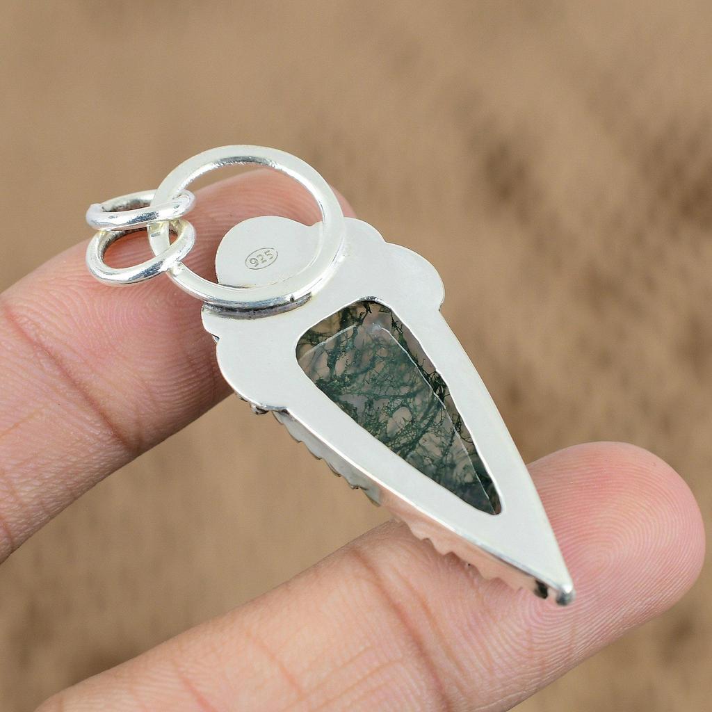 Memorial Day Sale Natural Solar Moss Agate No Stone Flower Pendant 925 Silver
