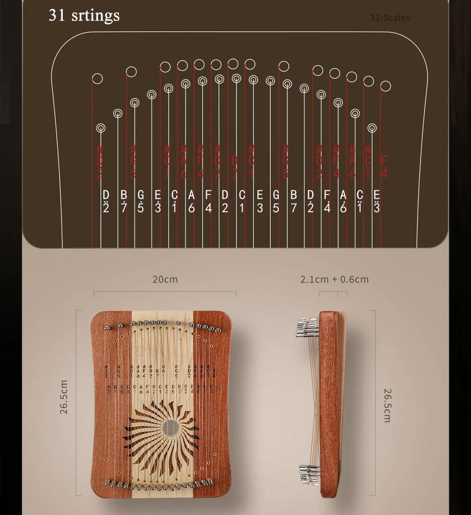 Hluru Lyre 31 Strings Mini Thumb Kalyre 17 Kalimba Strings Finger Harp Wood Creative Finger Lyre Beginner Musical Instrument