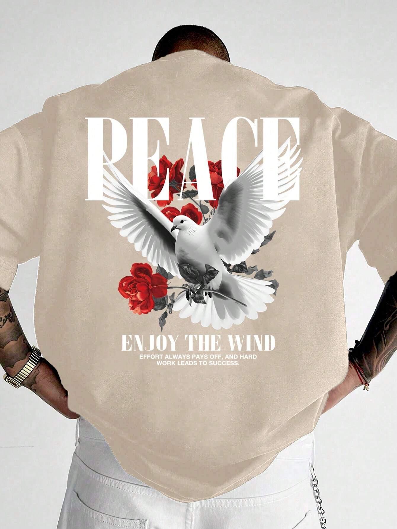 Men StreetStyle Retro Red Rose and Peace English Graphic Pattern Black Knitted Loose Vintage Short Sleeve TShirt Suitable S