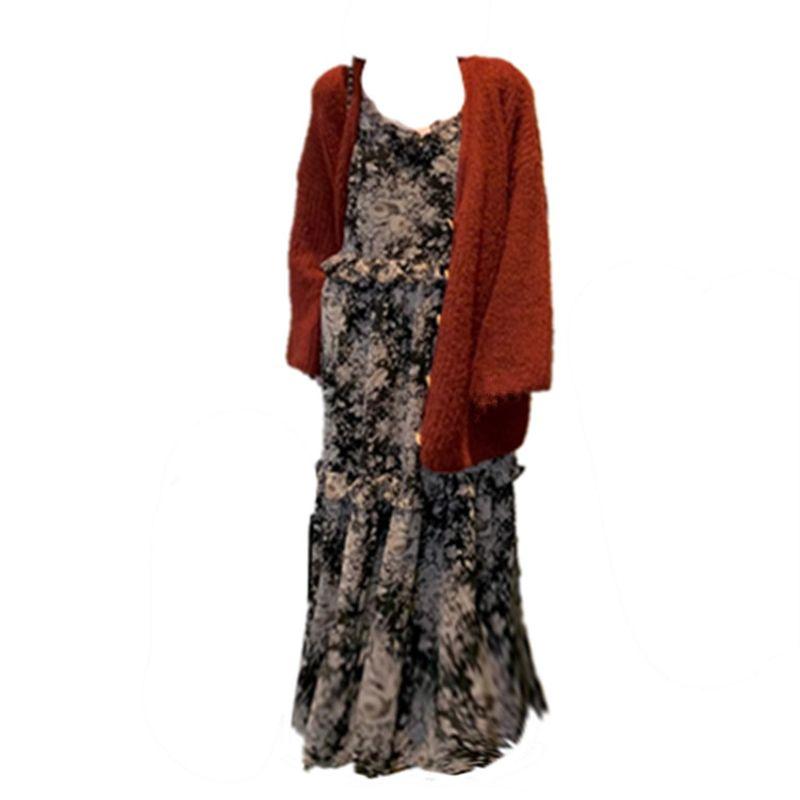 

100.00kg Tall Spaghetti-Strap Ruffle Tiered-Ruffle Long Dress Lazy Sweater Coat Export Oversize Women s Clothing Fashion 3085 red Knitting Outwear M