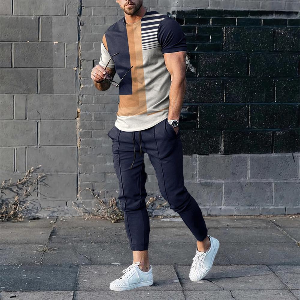 Men Summer T Shirt Pants 2 Piece Sets Print T-shirts Trousers Sportswear Suits Fashion Sweatpants Tracksuits Outfits Men Clothes