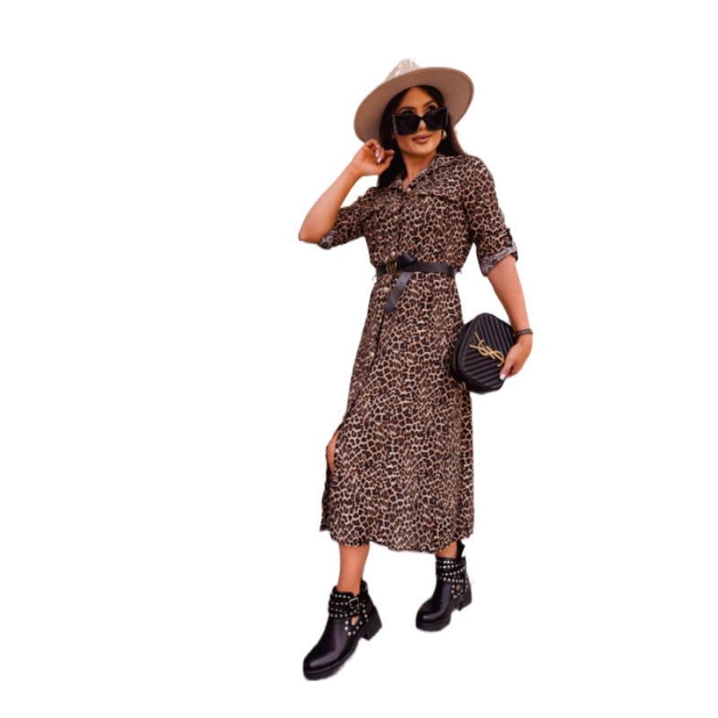 Large Leopard Print Long Sleeve Shirt Dress