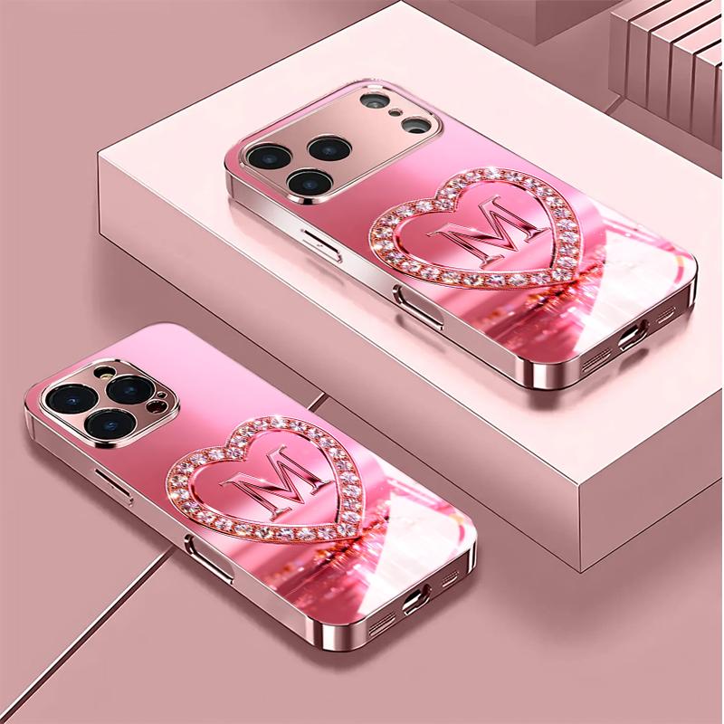 Diamond Love Letter Tempered Glass Phone Case for iPhone 17 Pro Max 11 12 13 Pro 14 15 16 Plus 16E 17Air Lens Protection Cover