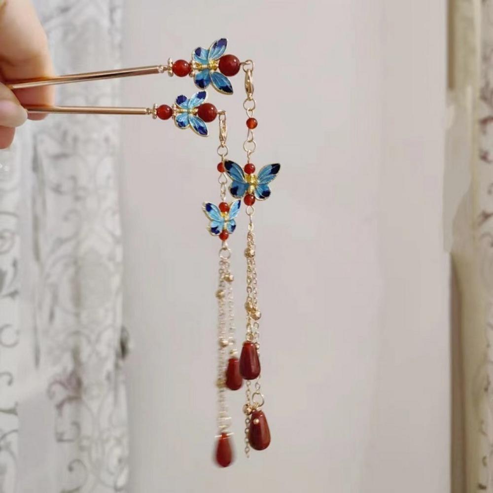 Dancing Butterfly Hairpin Vintage Chinese Metal Tassel Step Shake Clip Bun Colorful Retro Hair Jewelry with Classical Elegance