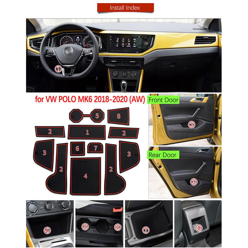 For VW Volkswagen POLO MK6 AW 2018   Rubber Anti-slip Mat Door Groove Cup Pad Phone Cushion Gate Coaster Car Accessories