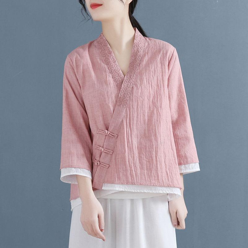 Damen Vintage Chinesischer Stil Bluse Bestickt Locker Geschnitten Asymmetrisch Knopfleiste Hemd Schickes Frühling Sommer Oberteil KK132
