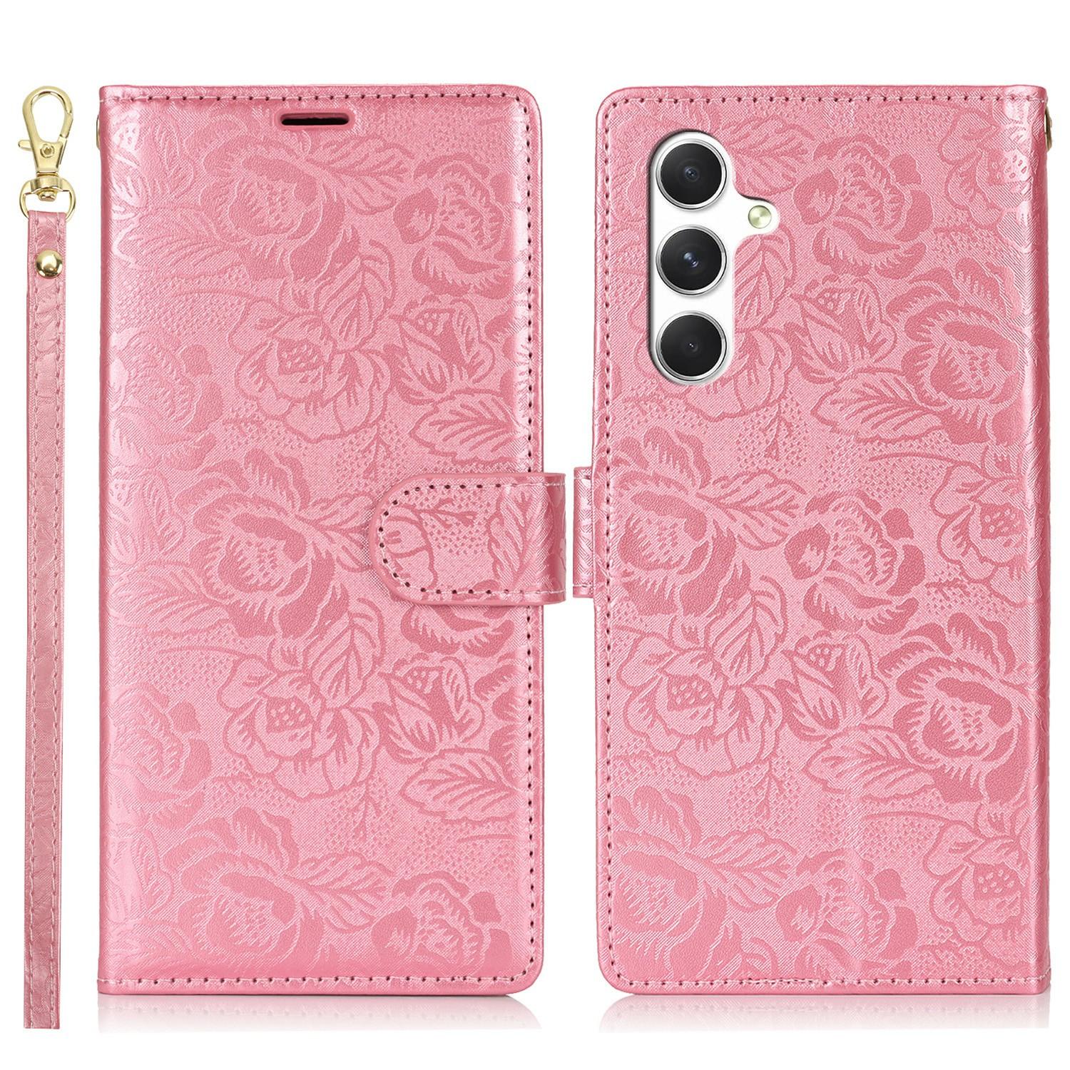 

For Samsung Galaxy A55 5G Case with Hand Strap Flower Imprint Leather Wallet Phone Cover Rose Gold