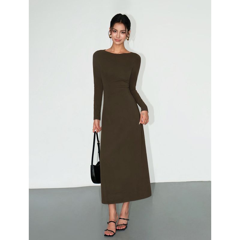 

Neva Hu Black Long Sleeves Silm Dress Female French Fancy off Shoulder Temperament Waist-Controlled Base Dress Dark Curry(In stock) S