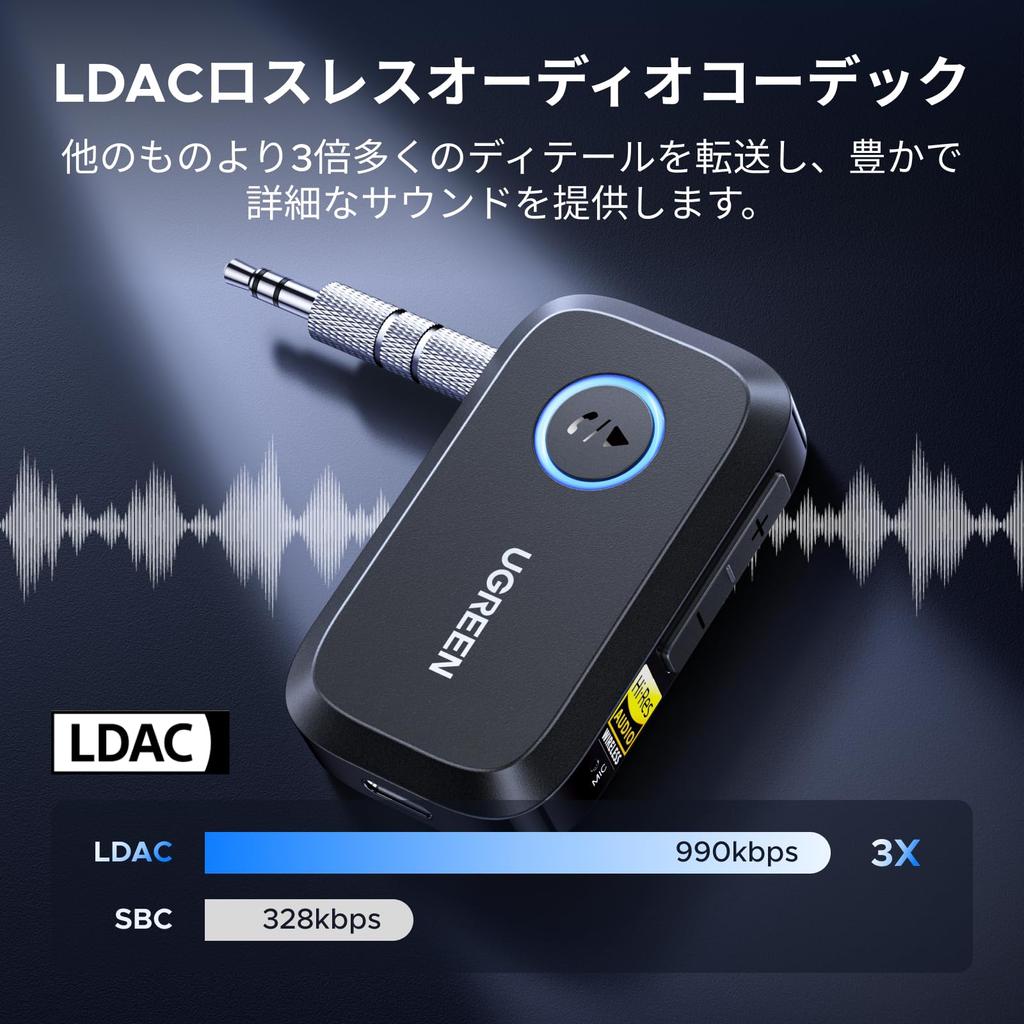 UGREEN Aux Bluetooth Receiver for Audio Gold Standard 17 Hours of Compatible with Car Stereo and Headset TELEC Certified 6.0 Car, LDAC/AAC/SBC