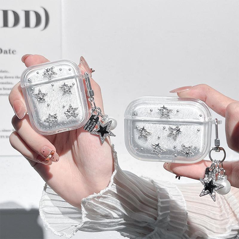 Silver Bead Star Suitable For Airpodspro3 Protective Case Apple Airpods4 Bluetooth Headset Case Pearl Pendant