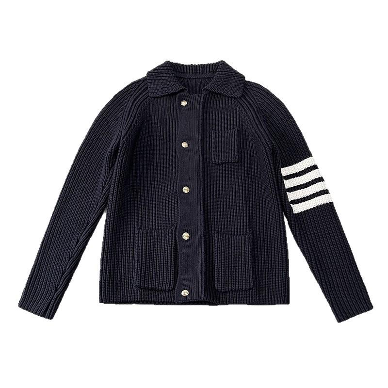 Four-Stripe Unisex Thick Knit Cardigan - Lapel Long Sleeve for Autumn/Winter