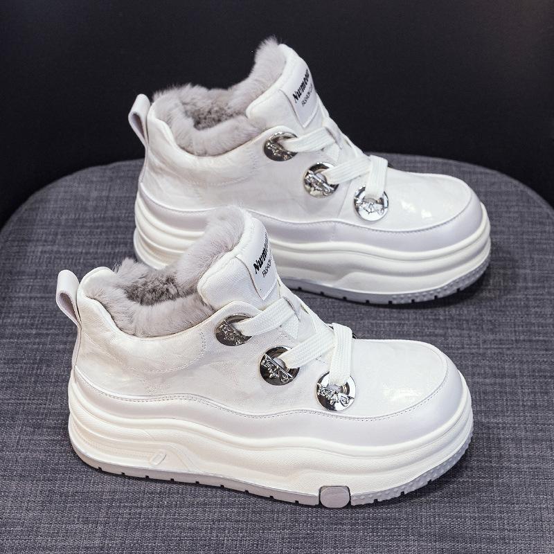 Leather Platform Snow Boots Women's New Versatile Winter High-top Shoes Cotton Shoes Piled Thickened Warm Little White Shoes