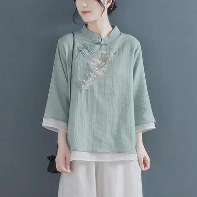 Women's Retro Embroidered Cotton and Linen V-Neck T-Shirt - 3/4 Sleeve, Lightweight, Literary Style, Spring/Summer/Autumn 2024 Trend.