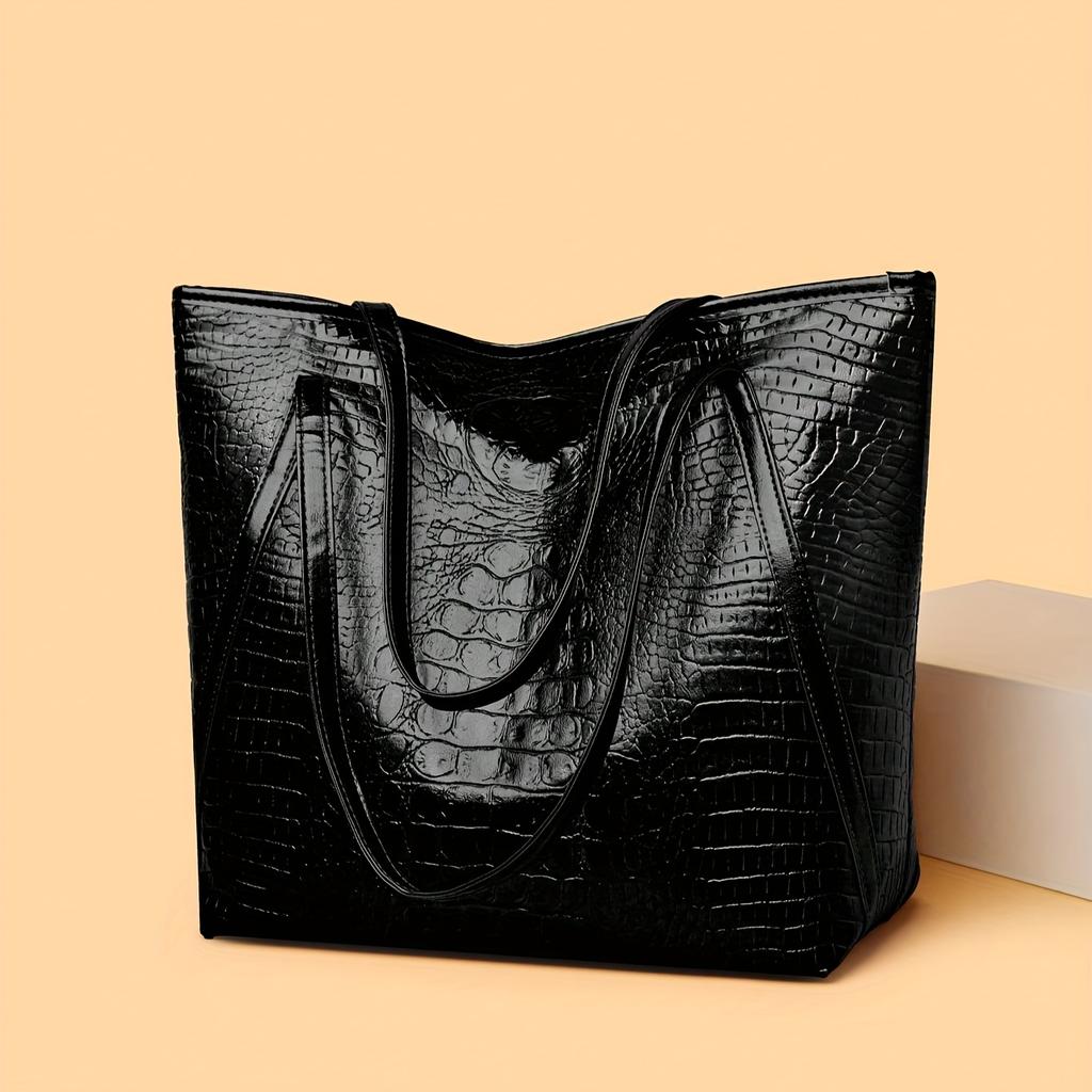 Large Stylish Black Crocodile Print PU Tote Bag for Women Stylish Handbag Shoulder Bag, Perfect for Shopping, Dates, Parties