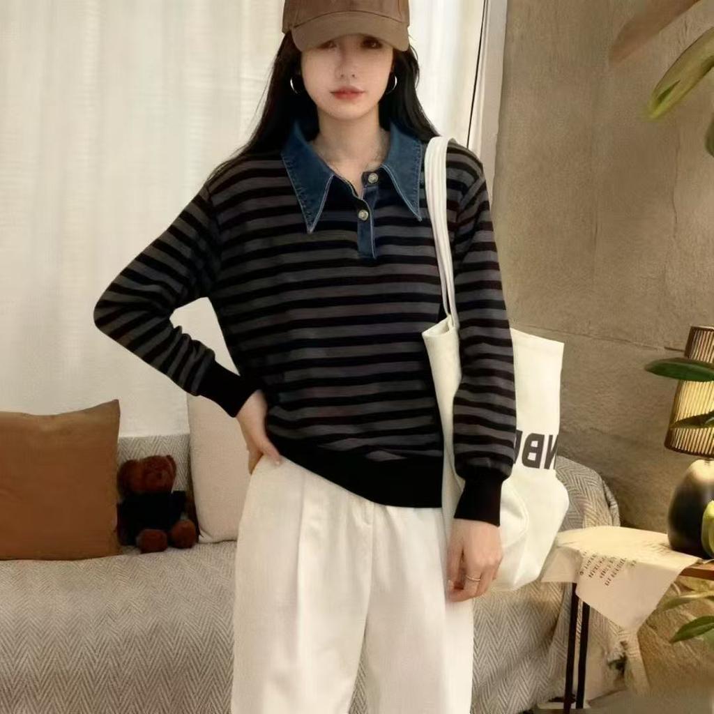 Loose POLO collar denim sleeves splicing fake two-piece sweater women's autumn and winter new knitted sweater fashion top trendy